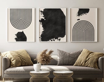 South Korea Mid Century Modern Wall Art - Minimalist South Korea Art and Wall Decor, South Korea Map Print - Set of 3
