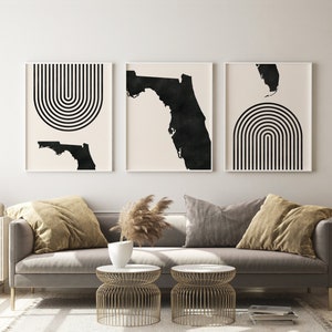Florida Mid Century Modern Wall Art - Minimalist Florida Wall Art and Decor, Mid-Century Prints, State of Florida Map Print - Set of 3