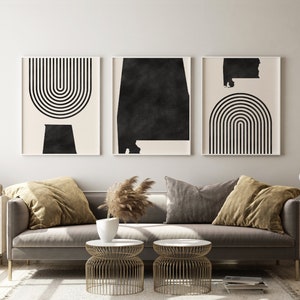 Arte mural moderno de Alabama de mediados de siglo: arte y decoración de pared minimalista de Alabama, impresiones de mediados de siglo, impresión de mapa del estado de Alabama, juego de 3