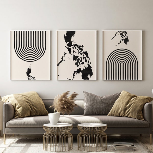 Philippines Mid Century Modern Wall Art - Minimalist Philippines Art and Wall Decor, Philippines Map Print - Set of 3