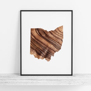 Mapa de Ohio com sobreposição de grãos de madeira - Impressão artística de Ohio, Mapa de Ohio - Arte de parede/decoração de parede de Ohio