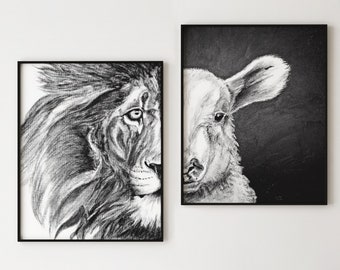 Lion and Lamb Art - Lion of Judah and Lamb of God Wall Art - Oil Pastel Reproduction Prints, John 1:29 Bible Verse, Print, Scripture Art