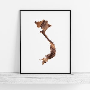 Mapa do Vietnã com sobreposição de grãos de madeira - Impressão artística do Vietnã, Mapa do Vietnã / Arte de parede, Decoração de parede vietnamita