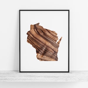 Mapa de Wisconsin com sobreposição de grãos de madeira - Impressão artística de Wisconsin, Mapa de Wisconsin - Arte de parede/decoração de parede de Wisconsin