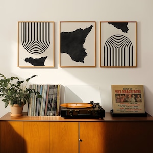 Arte de Sicilia: arte mural moderno de mediados de siglo: arte mural/decoración minimalista de Sicilia, mapa de Sicilia, juego de 3 impresiones