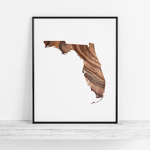 Mapa da Flórida com sobreposição de grãos de madeira - Impressão artística da Flórida, Mapa da Flórida - Arte de parede/decoração de parede da Flórida