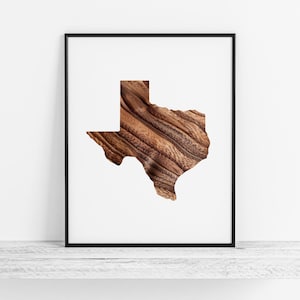 Mapa do Texas com sobreposição de grãos de madeira - Impressão artística do Texas, Mapa do Texas - Arte de parede/decoração de parede do Texas