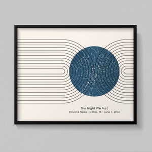 Mapa del cielo nocturno personalizado: impresión minimalista del cielo nocturno, mapa estelar personalizado por fecha, idea de regalo personalizada, arte de constelaciones moderno de mediados de siglo