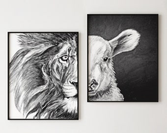 Pastor Gift, Gift for Priest - Lion and Lamb Drawings, gift for mentor or church staff - Lamb of God Print, Lion of Judah Art