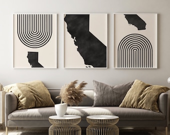 Mid Century Modern Wall Art - Minimalist California Wall Art and Decor, Abstract Mid-Century Prints, State of California Map - Set of 3