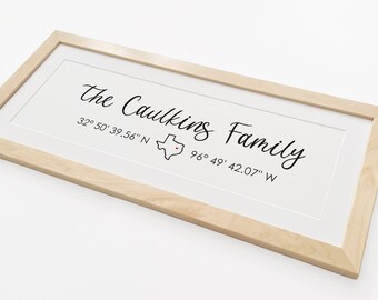 Positionsdruck - Breitengrad / Längengrad - Personalisierter Kunstdruck, Benutzerdefinierte Koordinaten, Benutzerdefiniertes Namensschild - Familiennamen-Schild