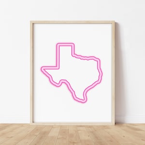 Arte rosa de Texas: mapa rosa brillante de Texas, decoración de pared, impresión de póster tejano, arte de pared rosa intenso