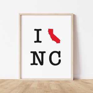 Cadeau de déménagement amusant - Cadeau de déménagement de la Californie à la Caroline du Nord, cadeau de la Californie à la Caroline du Nord, cadeau de départ, impression de carte des deux États