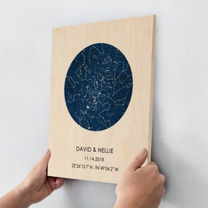 May include: A wooden plaque with a blue circle depicting a constellation map. The text "DAVID & NELLIE 11.14.2018 23°26'13.7"N, 96°49'54.2"W" is printed below the circle.