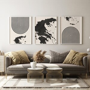 Griechenland Mid Century moderne Wandkunst - Minimalistische Griechenland Kunst und Wanddekoration, Griechenland Karte Druck - 3er Set