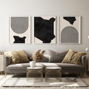 Arte moderna de parede do Quênia de meados do século - Arte e decoração de parede minimalista do Quênia, Impressão de mapa do Quênia - Conjunto de 3