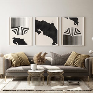 Costa Rica Mid Century moderne Wandkunst - Minimalistische Costa Rica Kunst und Wanddekoration, Costa Rica Karte Druck - 3er Set