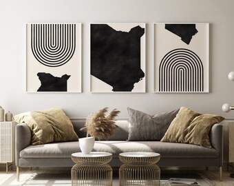 Kenya Mid Century Modern Wall Art - Minimalist Kenya Art and Wall Decor, Kenya Map Print - Set of 3