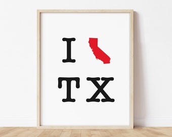 Funny Moving Gift - California to Texas Moving Gift, CA to TX Gift, Going Away Gift, Two State Map Print