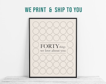 May include: A black framed print with a beige background and 40 black circles. The text "FORTY things we love about you" is centered below the circles.