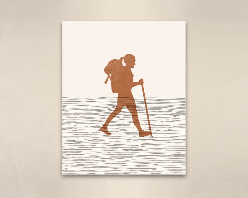 May include: A digital illustration of a person hiking with a backpack and a walking stick. The person is a silhouette in a burnt orange color, walking on a path represented by thin black lines.