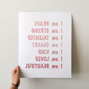 Arte en el espejo: afirmaciones positivas: LEER EN EL ESPEJO, afirmación positiva, palabras invertidas, mensaje en el espejo, regalo de cuidado personal, imprimible