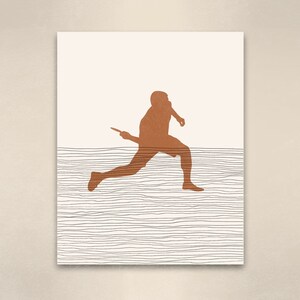 May include: A minimalist art print featuring a running figure in a warm brown hue against a cream background. The figure is holding an object, with horizontal black lines at the bottom. The artwork has a modern, abstract style.