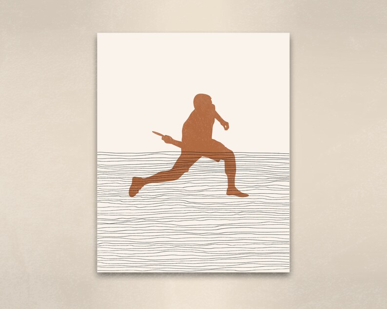 May include: A minimalist art print featuring a running figure in a warm brown hue against a cream background. The figure is holding an object, with horizontal black lines at the bottom. The artwork has a modern, abstract style.