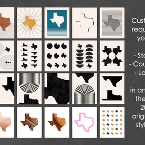K&ouml;nnte beinhalten: Zwanzig verschiedene Stile von Umrissen von Bundesstaaten, L&auml;ndern oder Seen. Jeder Umriss ist in einem anderen Stil gehalten, darunter geometrisch, abstrakt und minimalistisch. Der Text "Custom request your - State - Country - Lake in any of these 20 original styles" befindet sich in der unteren rechten Ecke des Bildes.