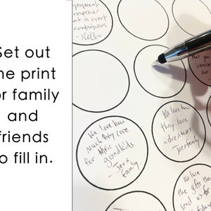 May include: A printable worksheet with blank circles for writing down things you love about family and friends. The text "We love how much they care for their grandkids" is written in one of the circles.
