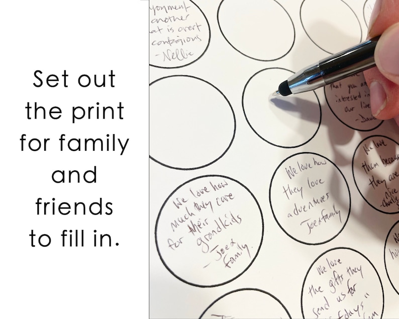 May include: A printable worksheet with blank circles for writing down things you love about family and friends. The text "We love how much they care for their grandkids" is written in one of the circles.