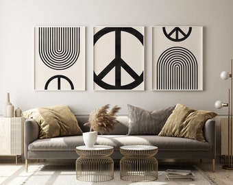 Peace Sign Mid Century Modern Wall Art - Arte minimalista del signo de la paz y decoración de pared, impresiones artísticas del símbolo de la paz - Set de 3