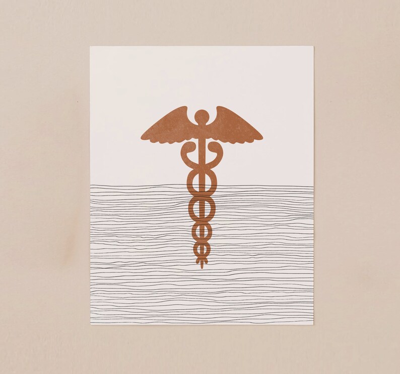 May include: A brown medical symbol with a snake wrapped around a staff and wings on top, on a white background with black lines.