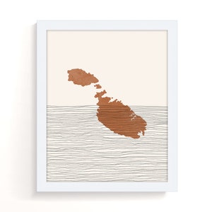 May include: A minimalist art print featuring a brown outline of the island of Malta against a beige background. The island is surrounded by thin black lines that resemble waves.