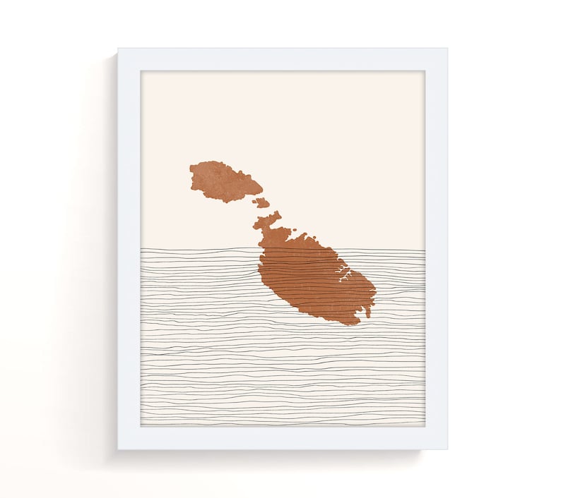 May include: A minimalist art print featuring a brown outline of the island of Malta against a beige background. The island is surrounded by thin black lines that resemble waves.
