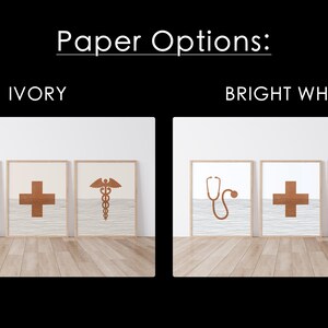 May include: Three framed prints with medical symbols on a white background. The prints feature a stethoscope, a plus sign, and a caduceus. The prints are available in ivory or bright white paper.