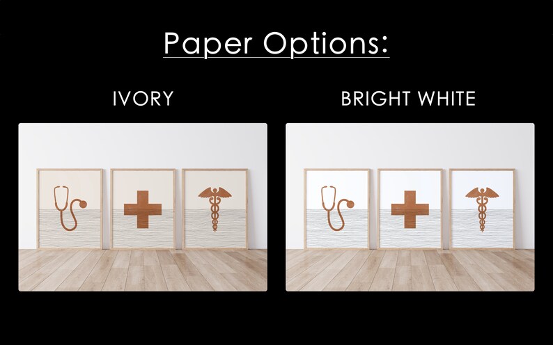 May include: Three framed prints with medical symbols on a white background. The prints feature a stethoscope, a plus sign, and a caduceus. The prints are available in ivory or bright white paper.