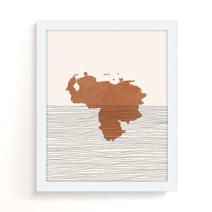 May include: A minimalist art print featuring a brown outline of the continent of South America on a white background with black horizontal lines.