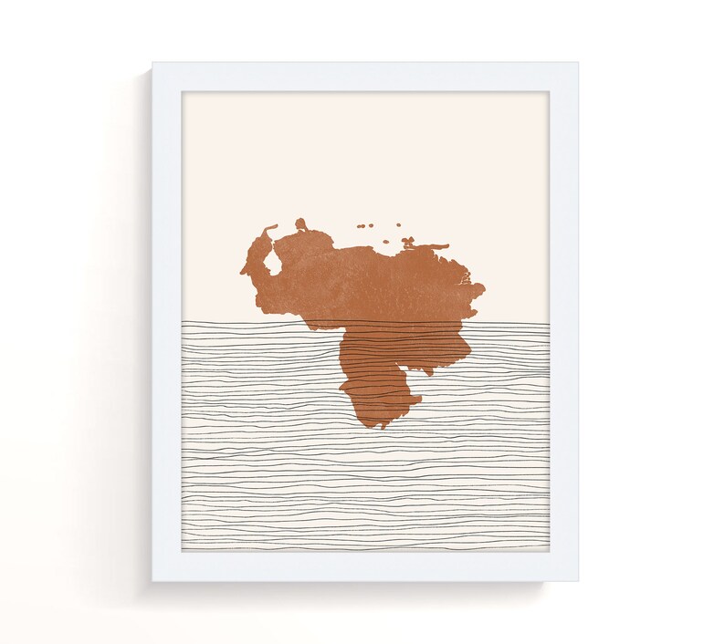 May include: A minimalist art print featuring a brown outline of the continent of South America on a white background with black horizontal lines.