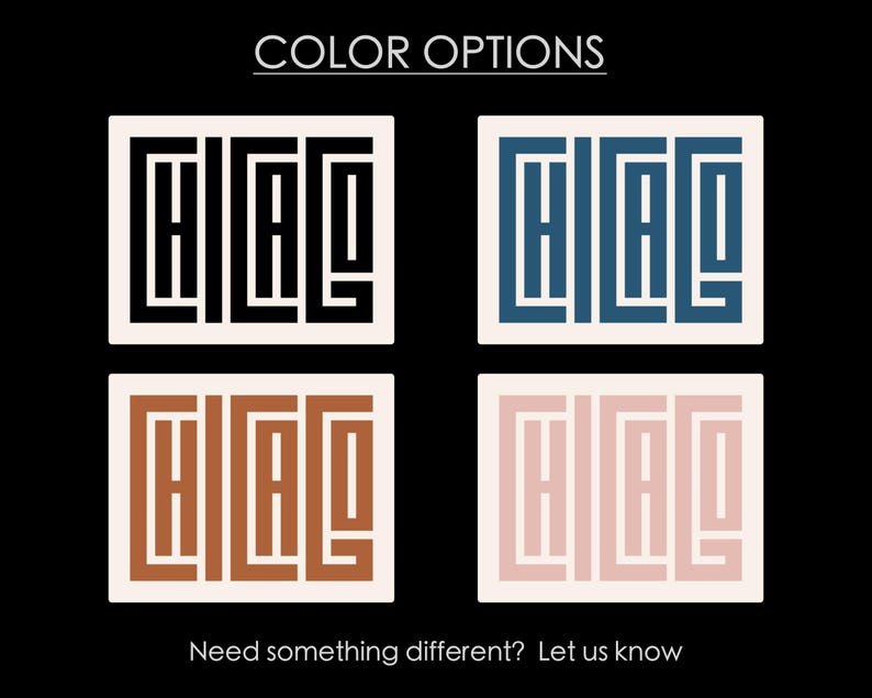 Puede incluir: Cuatro opciones de color diferentes para un dise&ntilde;o gr&aacute;fico de la palabra "CHICAGO" en un estilo geom&eacute;trico. Los colores son negro, azul, marr&oacute;n y rosa.