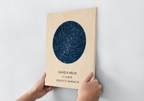 A custom star map of the exact night sky on your anniversary date, printed on wood — romantic and genuinely unique wall art.