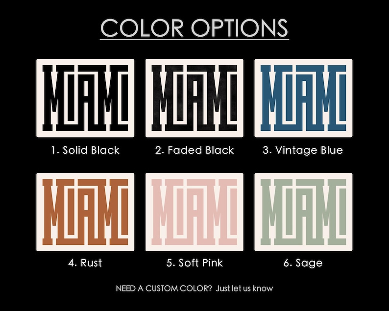 K&ouml;nnte beinhalten: Sechs Farboptionen f&uuml;r ein "MIAMI"-Schild. Die Farben sind Schwarz, Schwarz verblasst, Vintage-Blau, Rost, Rosa und Salbei.
