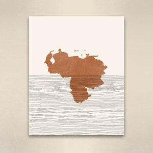 May include: A minimalist art print featuring a brown outline of South America on a white background with thin black lines resembling waves.