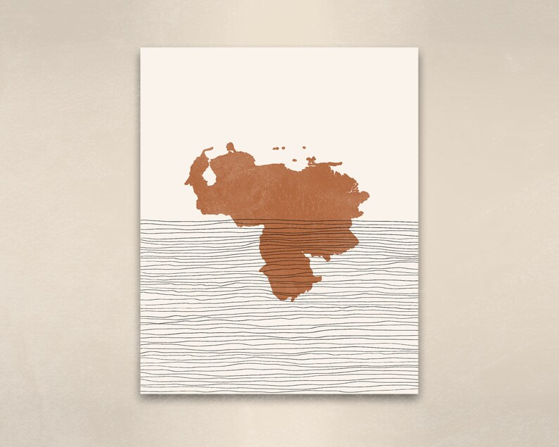 May include: A minimalist art print featuring a brown outline of South America on a white background with thin black lines resembling waves.