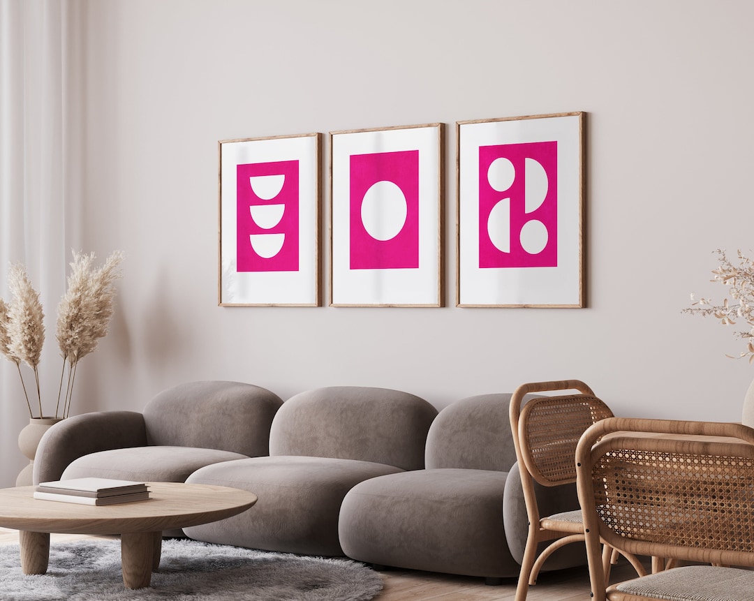 Hot Pink Wall Art Minimalist Geometric Prints Mid Century Modern Wall