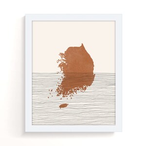 May include: Abstract art print featuring a brown silhouette of the Korean peninsula with a white background and black lines resembling water.