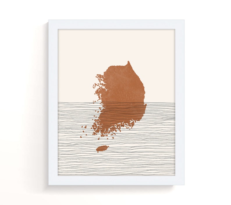 May include: Abstract art print featuring a brown silhouette of the Korean peninsula with a white background and black lines resembling water.