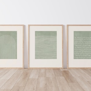 Minimalist Abstract Wall Art - Mid Century Modern Wall Decor, Set of 3 Wall Art, Sage Wall Decor Bedroom