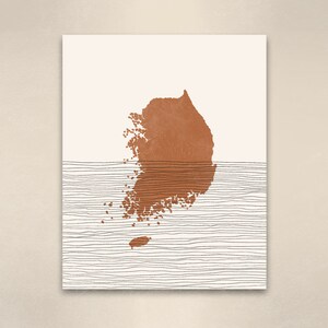 May include: Abstract art print featuring a brown silhouette of the Korean peninsula on a white background with black horizontal lines.