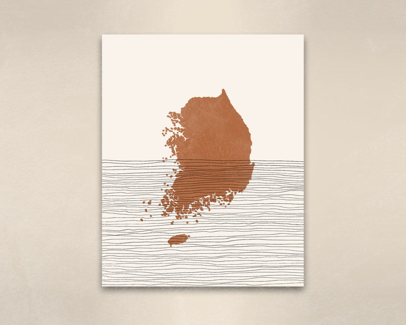 May include: Abstract art print featuring a brown silhouette of the Korean peninsula on a white background with black horizontal lines.